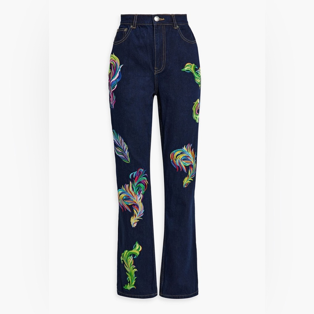 AREA Embroidered cutout high-rise straight-leg jeans